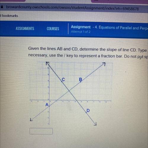 (Urgent please!!) Given the lines AB and CD, determine the slope of line CD. Type a numerical answe