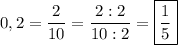 0,2=\dfrac{2}{10}=\dfrac{2:2}{10:2}=\boxed{\frac{1}{5}}