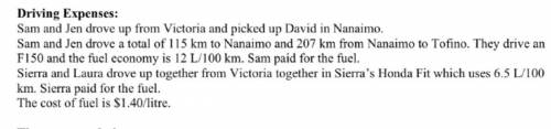 Calculate the cost for the fuel needed for Sam to drive to Nanaimo to tofino
(15 points)