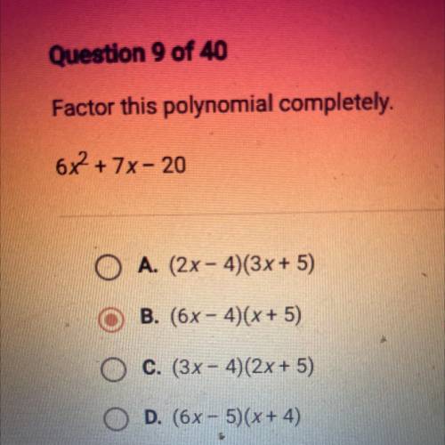 Factor this polynomial completely.
6x2 + 7x - 20