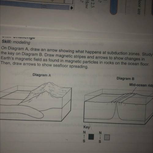On Diagram A, draw an arrow showing what happens at subduction zones. Study

the key on Diagram B.