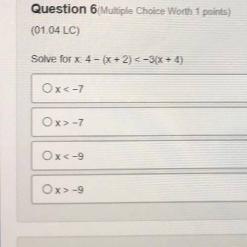 Solve for 4 - (x + 2) < -3 ( x + 4 )
( 9th grade Algebra 1)