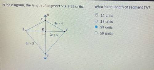 In the diagram, the length of segment VS is 39 units.

What is the length of segment TV?
in
O 14 u