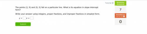 The points (2, 9) and (0, 5) fall on a particular line. What is its equation in slope-intercept for