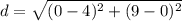 {d= \sqrt {(0-4)^2+(9-0)^2