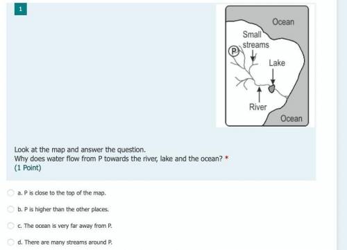 Look at the map and answer the question. Why does water flow from P towards the river, lake and the