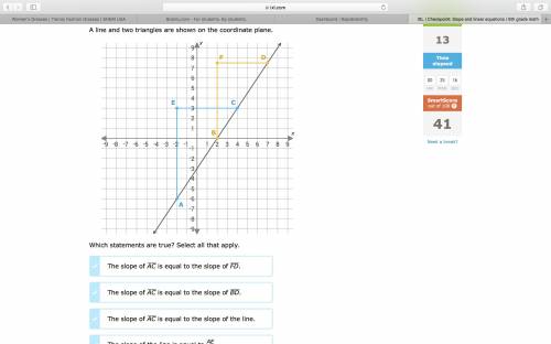 A line and two triangle shown on the coordinate plane. Which statements are true? Select all that a