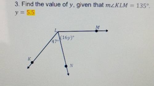 3. Find the value of y, given that mZKLM = 135º. y = 5.5​