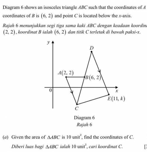 Diagram 6 shows an isosceles triangle ABC such that the coordinates of A is (2, 2), coordinates of