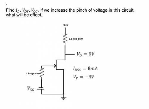 Find ID, VDS, VGG. If we increase the pinch of voltage in this circuit,
what will be effect.