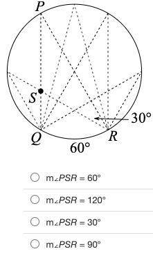 A manufacturer designs a circular ornament with lines of glitter as shown. Identify m∠PSR.