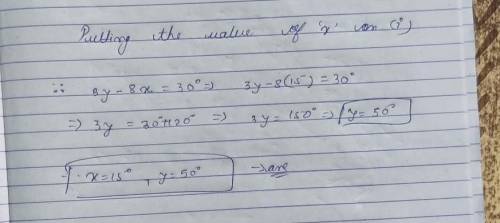 Given m
|| n, find the value of x and y.
(3y-18)º
m
(8x+12)°
(2x+18)
n
