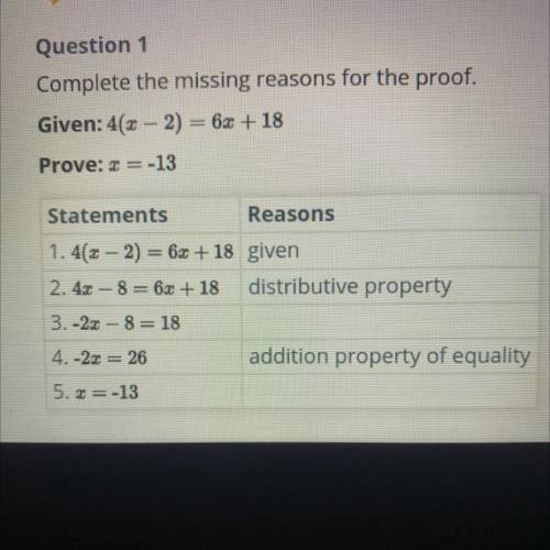 Complete the missing reasons for the proof.

Given: 4(x-2)=6x+18
Prove: x=-13 
Statements 
1.4(x