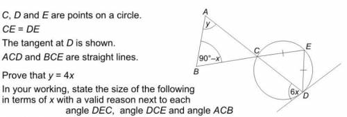 C, D, and E are points on a circle.

CE = DE 
The tangent at D is shown.
ACD and BCE are straight