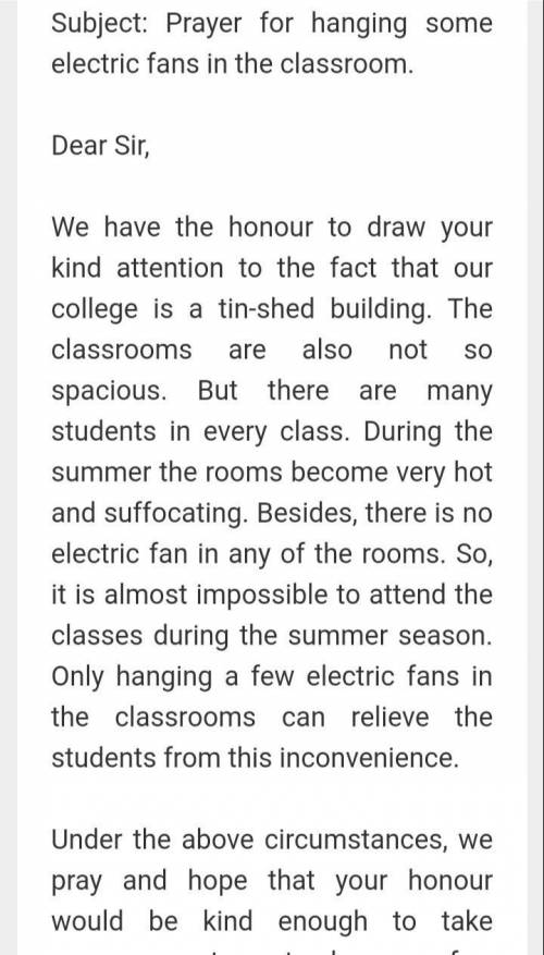 Write a application to the principal for hanging same electric fan in classroom​