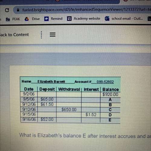 What is Elizabeth's balance E after interest accrues and another deposit is made?

$350.02
$446.98