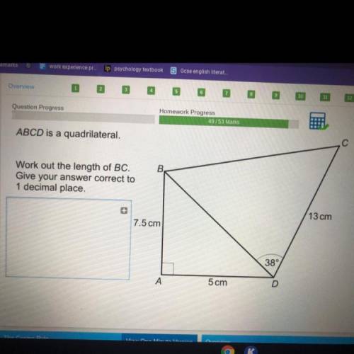ABCD is a quadrilateral. work out the length of BC. Give your answer correct to 1 decimal place.