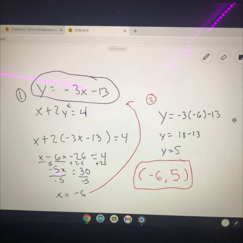 Which point is a solution to the following system: 
y=-3x-13
x+2y=4