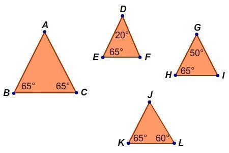 Help Please!!

Which triangle is ​△ABC​ similar to and why?
1.) △ABC is similar to △GHI by ​AA Sim