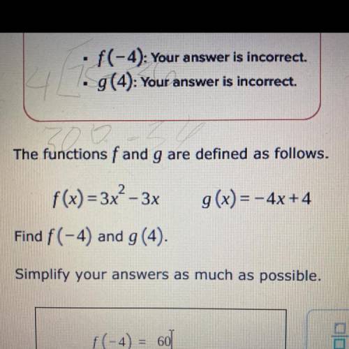 G(4): Your answer is incorrect.

2
The functions f and g are defined as follows.
f(x) = 3x² – 3x
g