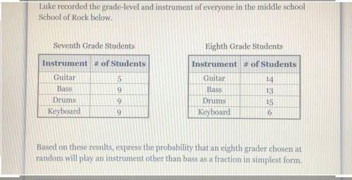 CAN SOMEONE HELP PLEASE.GIVING 25 POINTS

Luke recorded the grade-level and instrument of everyone