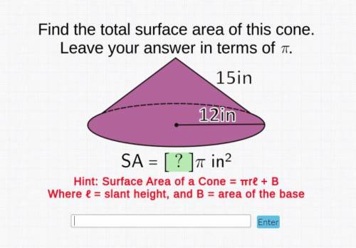 Find the total surface area of this cone leave your answer in terms of pi. 12in 15in