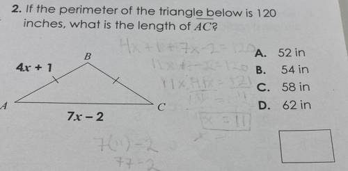 If the perimeter of the triangle below is 120 inches, what is the length of AC?