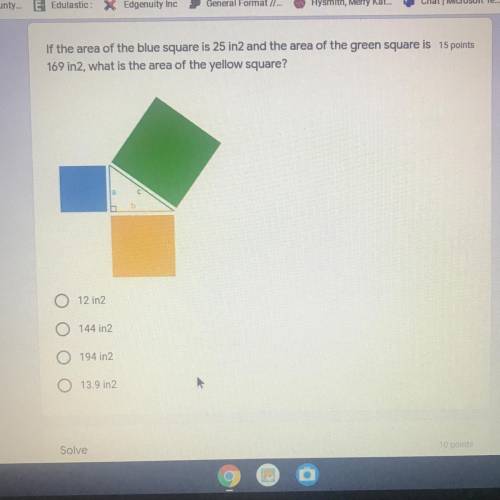 If the area of the blue square is 25 in2 and the area of the green square is 15 points

169 in2, w