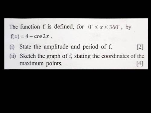 F(x)= 4-cos(2x) 
Find,
The max/min point 
Period
Amplitude 
And graph it