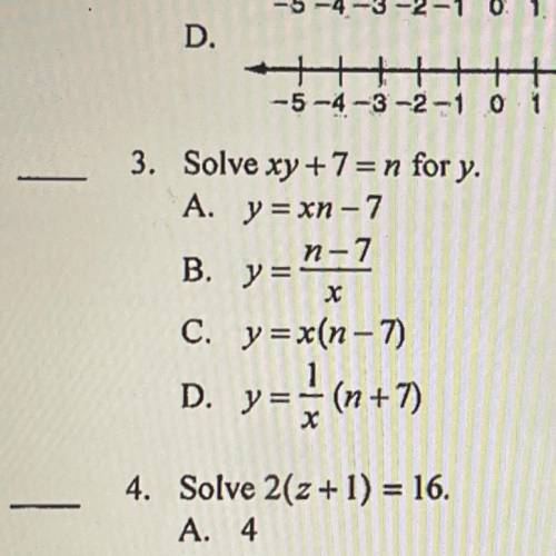 Solve xy + 7 = n for y