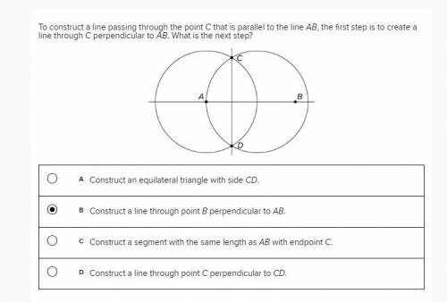 To construct a line passing through the point C that is parallel to the line AB, the first step is