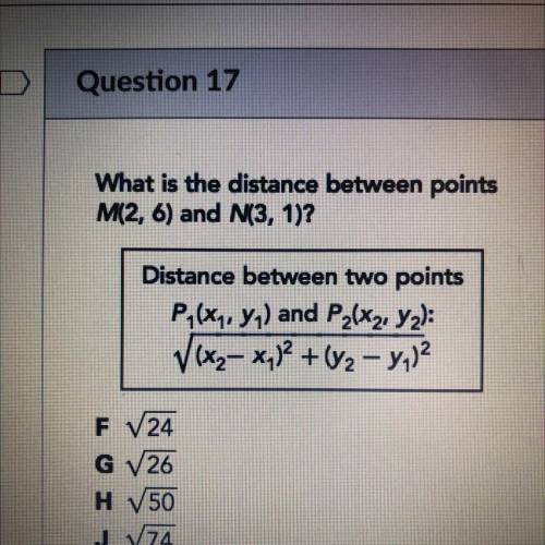 What is the distance between points
M(2, 6) and N(3, 1)?