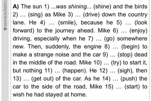 A) The sun 1) ...was shining... (shine) and the birds 2) … (sing) as Mike 3) … (drive) down the cou