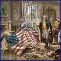 The painting is titled “The Birth Of Old Glory.” What is the name of the woman holding the flag? Ho