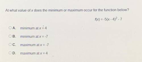 At what value of x does the minimum or maximum occur for the function below?