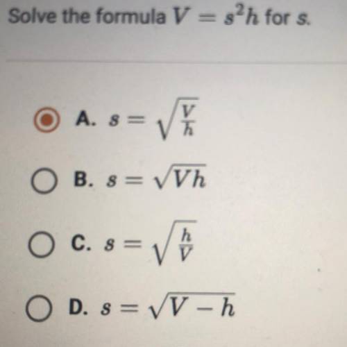 Solve the formula v=s^2h for s