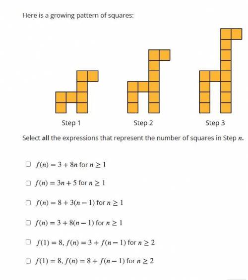 Here is a growing pattern of squares:

Select all the expressions that represent the number of squ