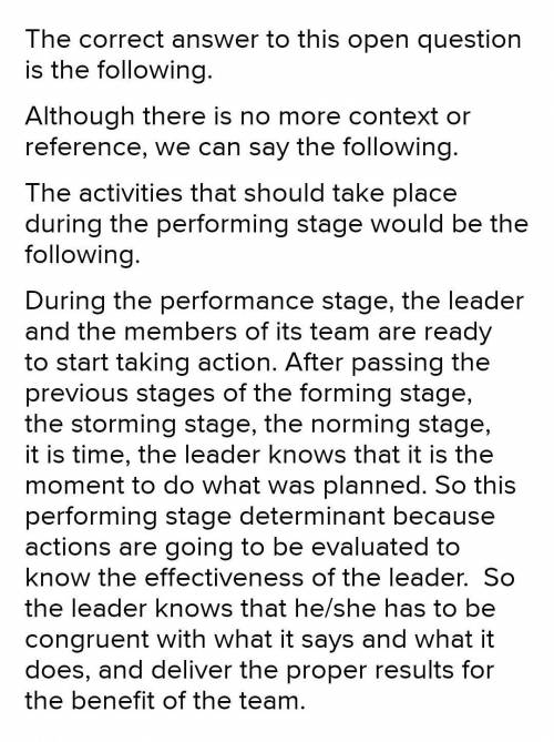 Advise the team leader on the activities that should take place during the
performing stage.