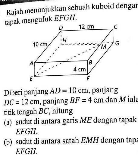 M is the midpoint of BC

calculate a) the angle between the line ME and the base EFGHb) the angle