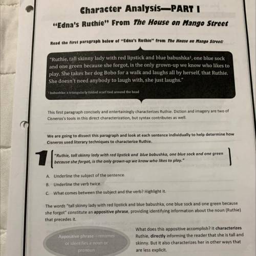 Character Analysis PARTI

Edna's Ruthie” From The House on Mango Street
Read the first paragraph