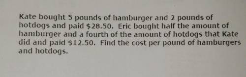 Kate bought 5 pounds of hamburger and 2 pounds of hotdogs and paid $28.50. Eric bought half the amo