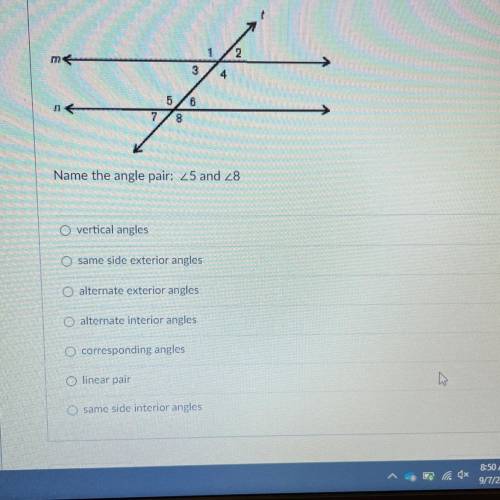 Question 6, name the angle pair 5 and 8
(In picture)