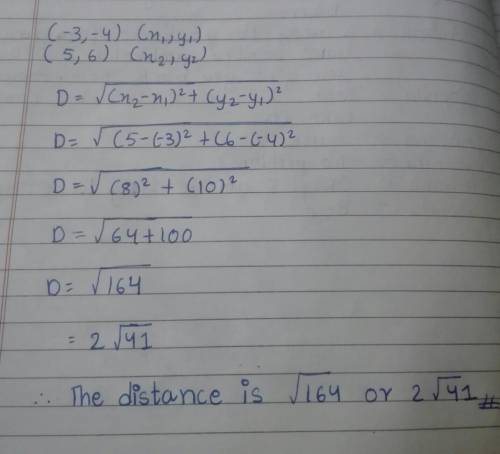 What is the distance between (-3,-4) and (5,6).