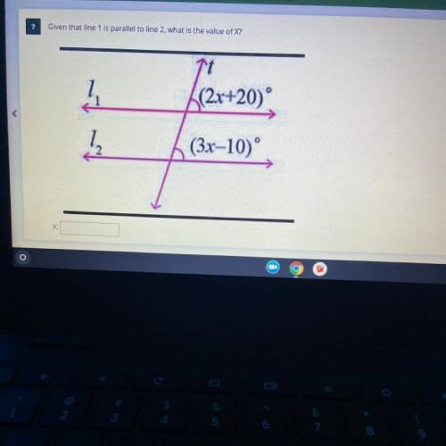 Please help me!

7
Given that line 1 is parallel to line 2, what is the value of X?
rt
(2x+20)
T
O