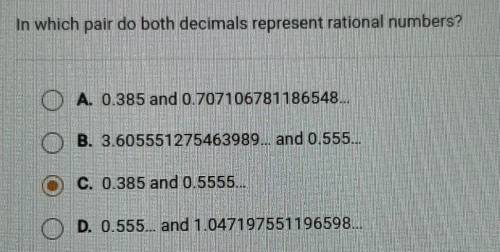 In which pair do both decimals represent rational numbers? A. 0.385 and 0.707106781186548... B. 3.6