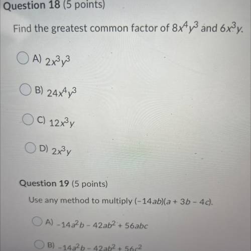 Find the greatest common factor of 8x4y3 and 6x’y.