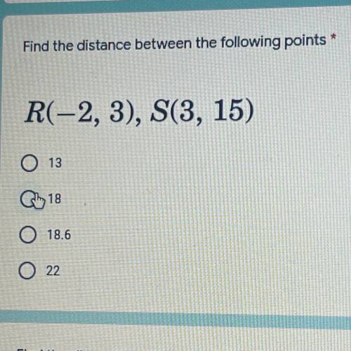 Find the distance between the following points
R(-2, 3), S(3, 15)