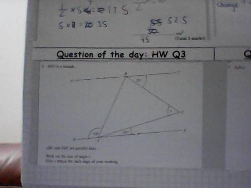 Question says:

BEG is a Triangle
ABC and DEF (Top and bottom lines) are parallel lines.
Work out