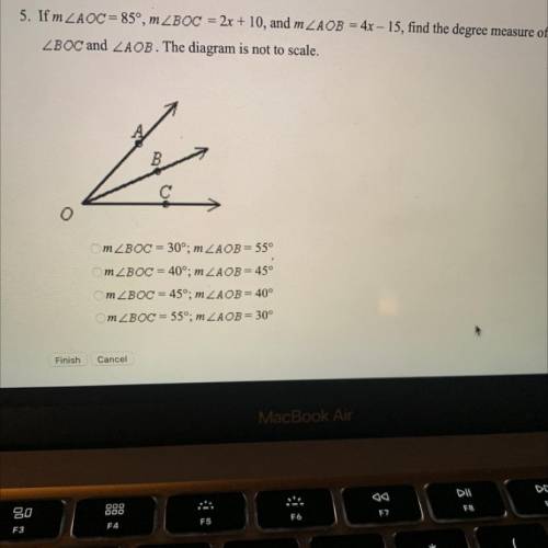 PLEASE HELP

If m 
< AOC = 85°, m ZBOC = 2x + 10, and m < AOB = 4x - 15, find the degree mea