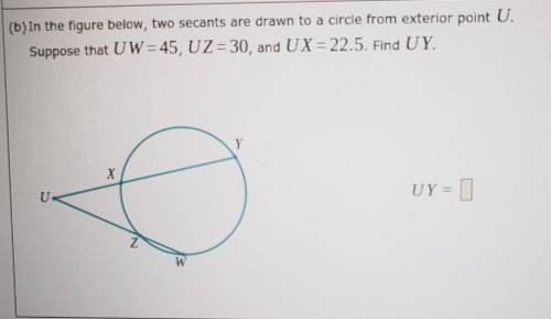In the figure below, two secants are drawn to a circle from exterior point U. Suppose that UW=45, U